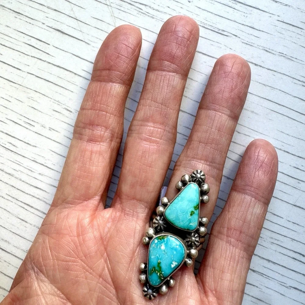 Long‎ Navajo Sonoran Turquoise Ring Sz 8 Signed Skeets Sterling Two Stone Native